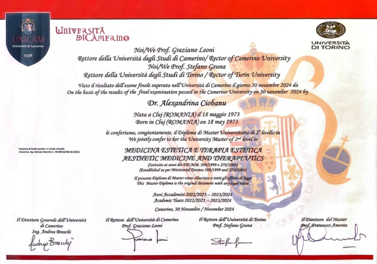 Diploma Alexandrina Ciobanu Universita di Torino UNICAM - Medicina Estetica e Terapia Estetica